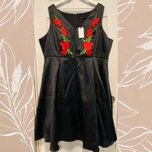 Rose embroidered black a line dress
